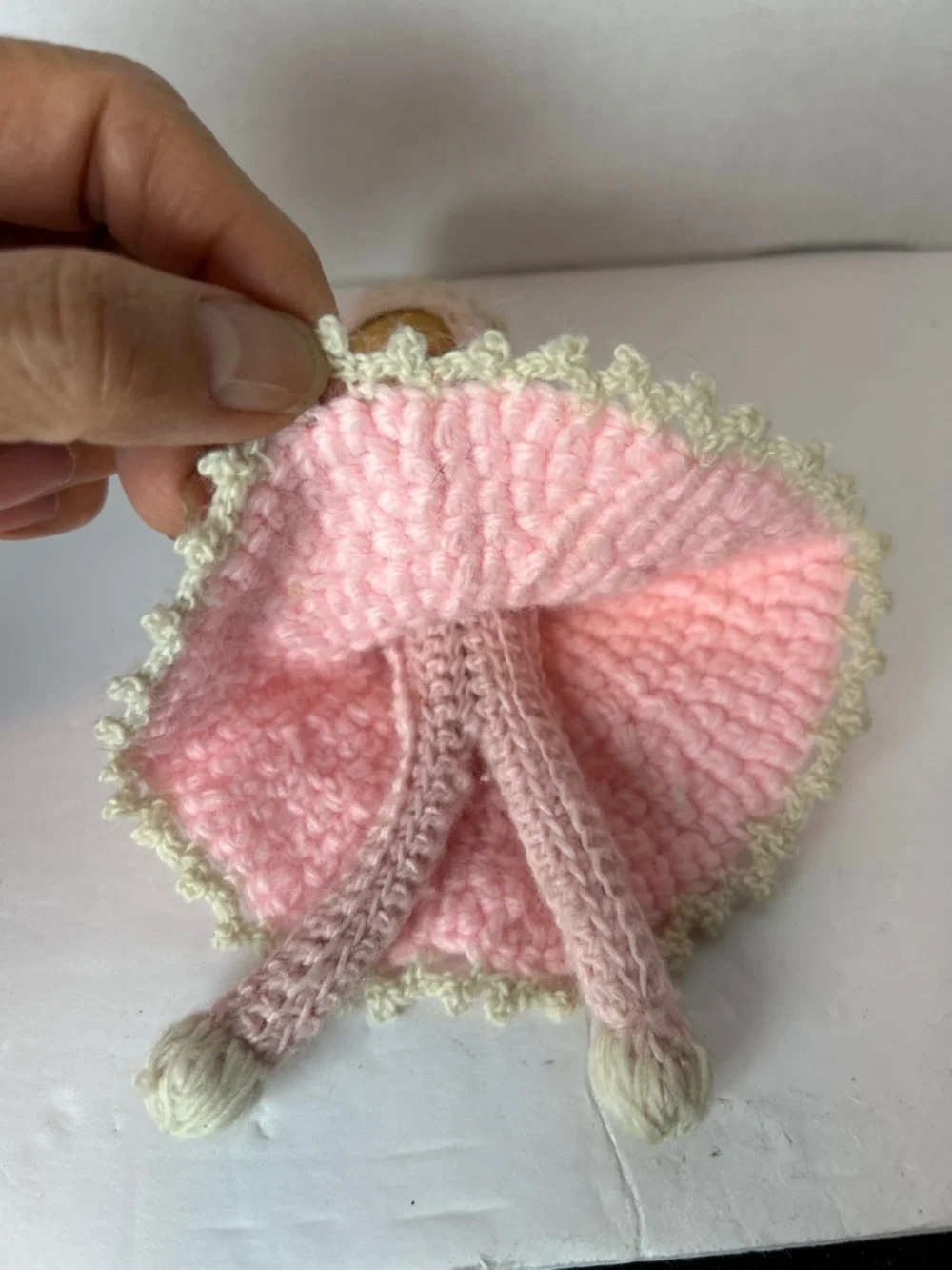 VTG Handmade Kewpie Blue Eyed Baby Doll Soft Vinyl Face Pink Crochet Kawaii 7
